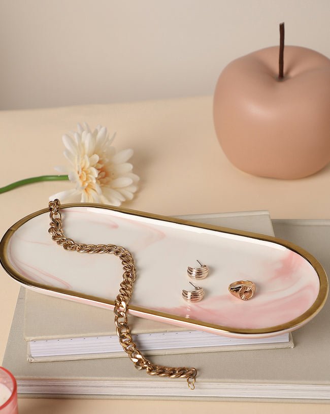 White And Pink Marble Oval Shaped Ceramic Tray - Image 3
