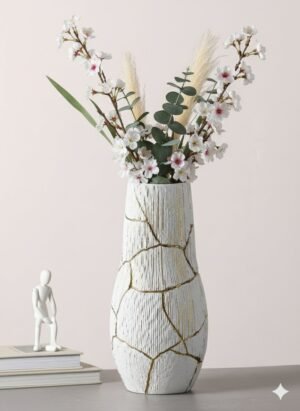 Large White Vase with Vertical Gold Thread Detailing