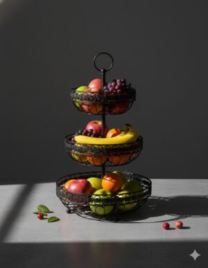 3-Tiered Iron Wire Fruit Basket Stand with Loop Handle
