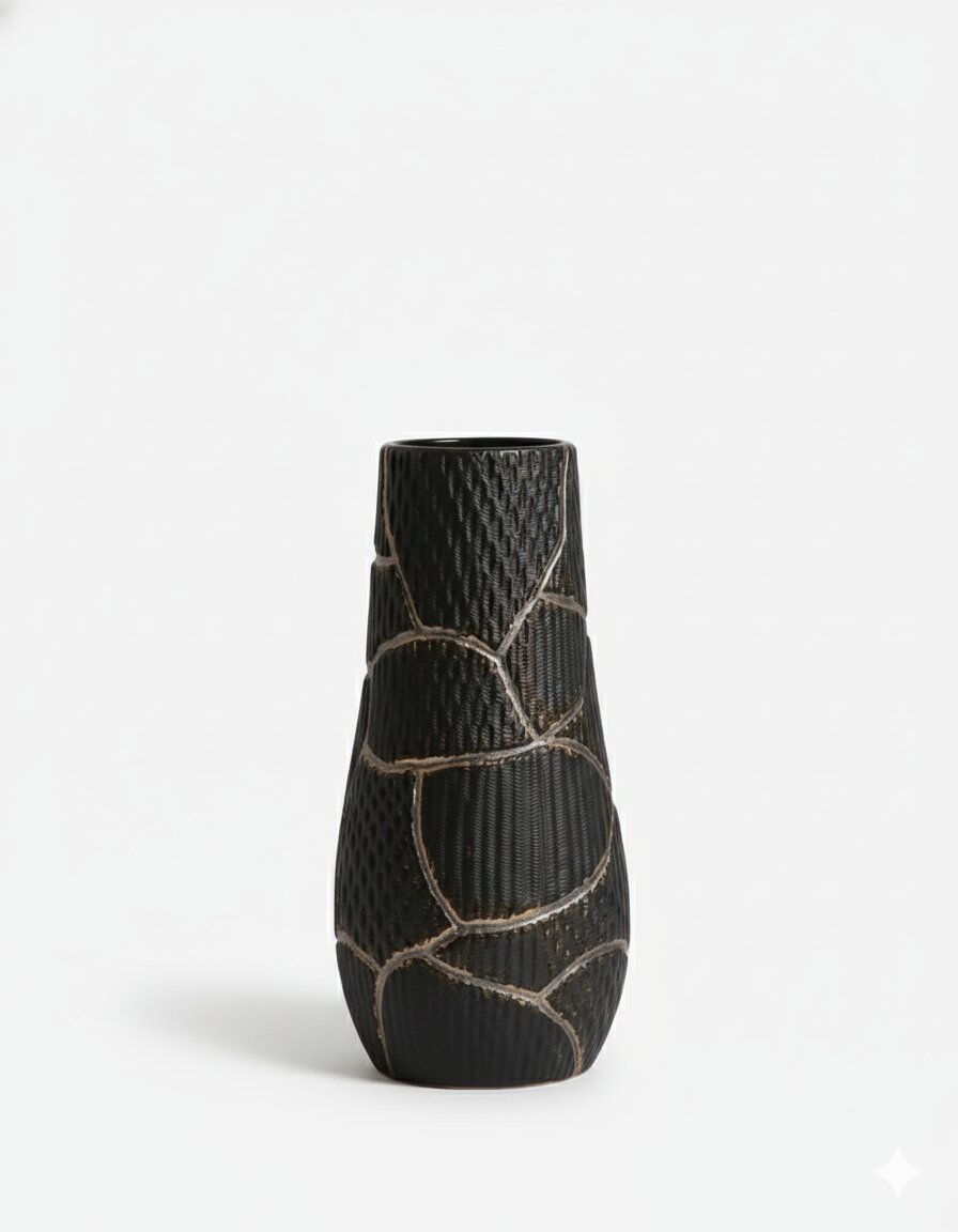 Large Black Vase with Vertical Gold Thread Detailing - Image 3