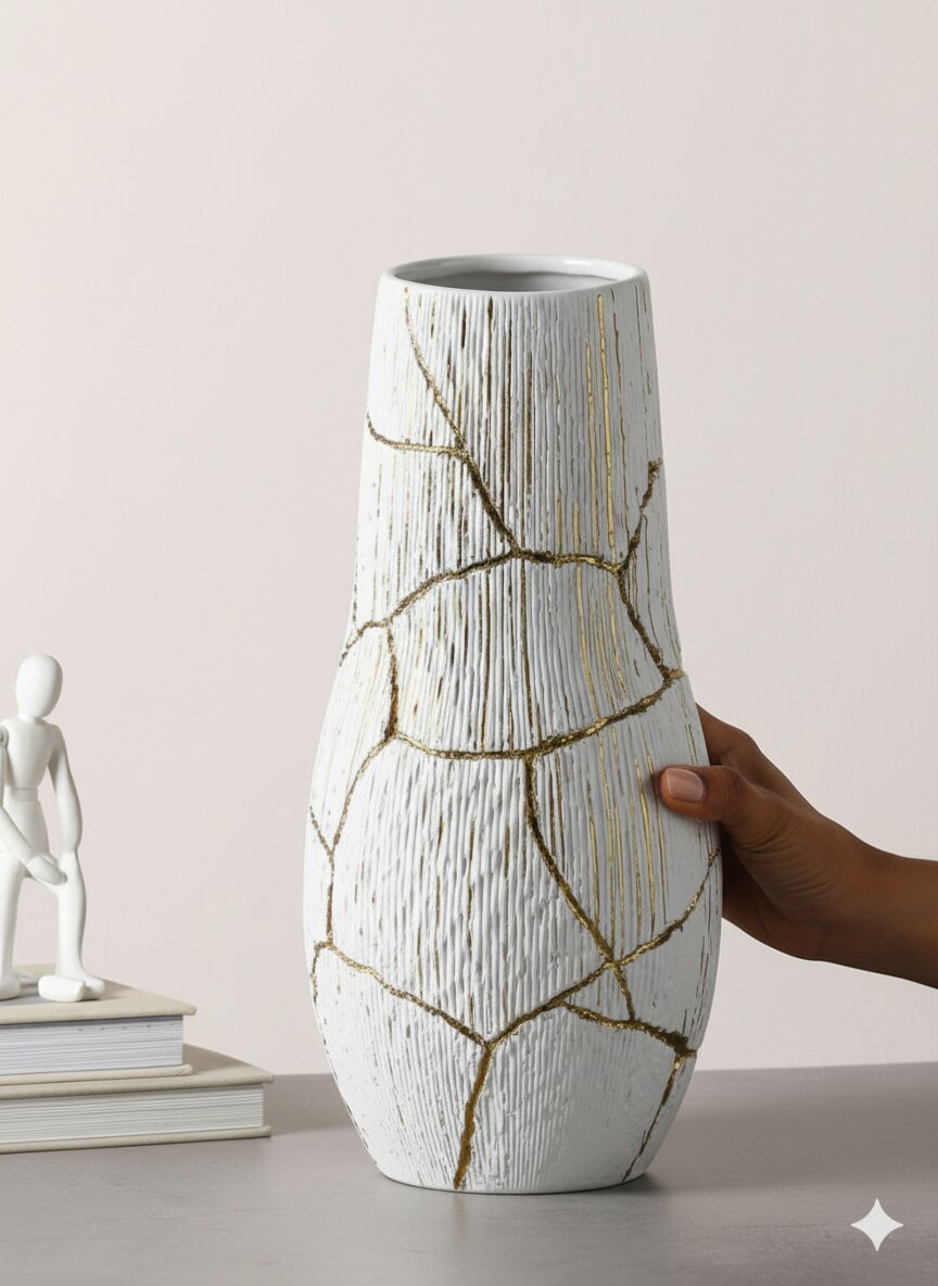 Large White Vase with Vertical Gold Thread Detailing - Image 2