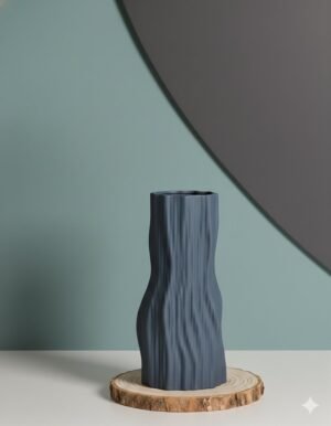 Large Blue Irregular-Shaped Vase with Vertical Pattern