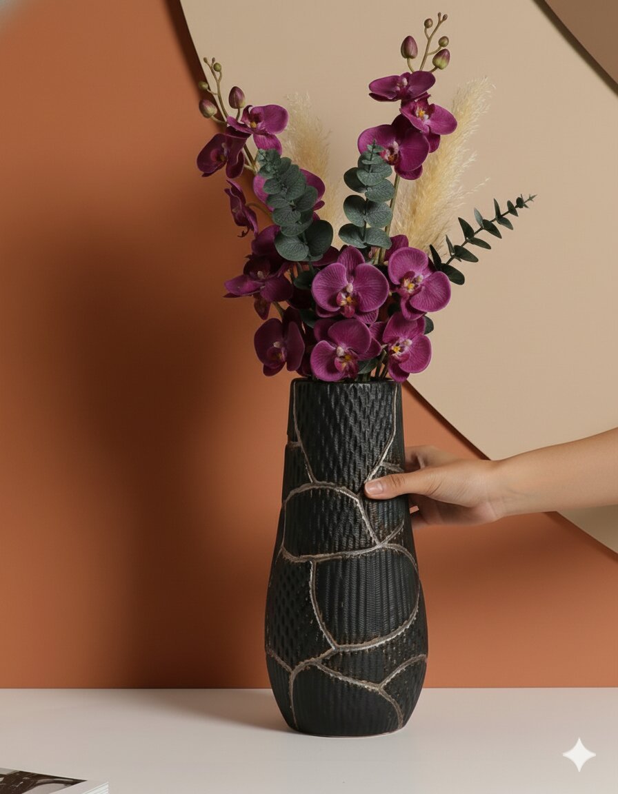 Large Black Vase with Vertical Gold Thread Detailing - Image 2