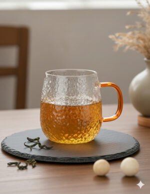 Artisan Hammered Glass Mug with Orange Accent Handle