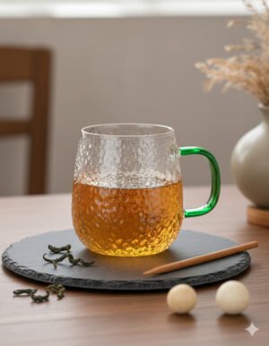 Artisan Hammered Glass Mug with Green Accent Handle
