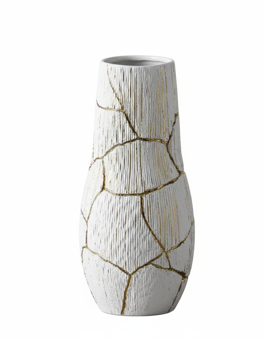 Large White Vase with Vertical Gold Thread Detailing - Image 4