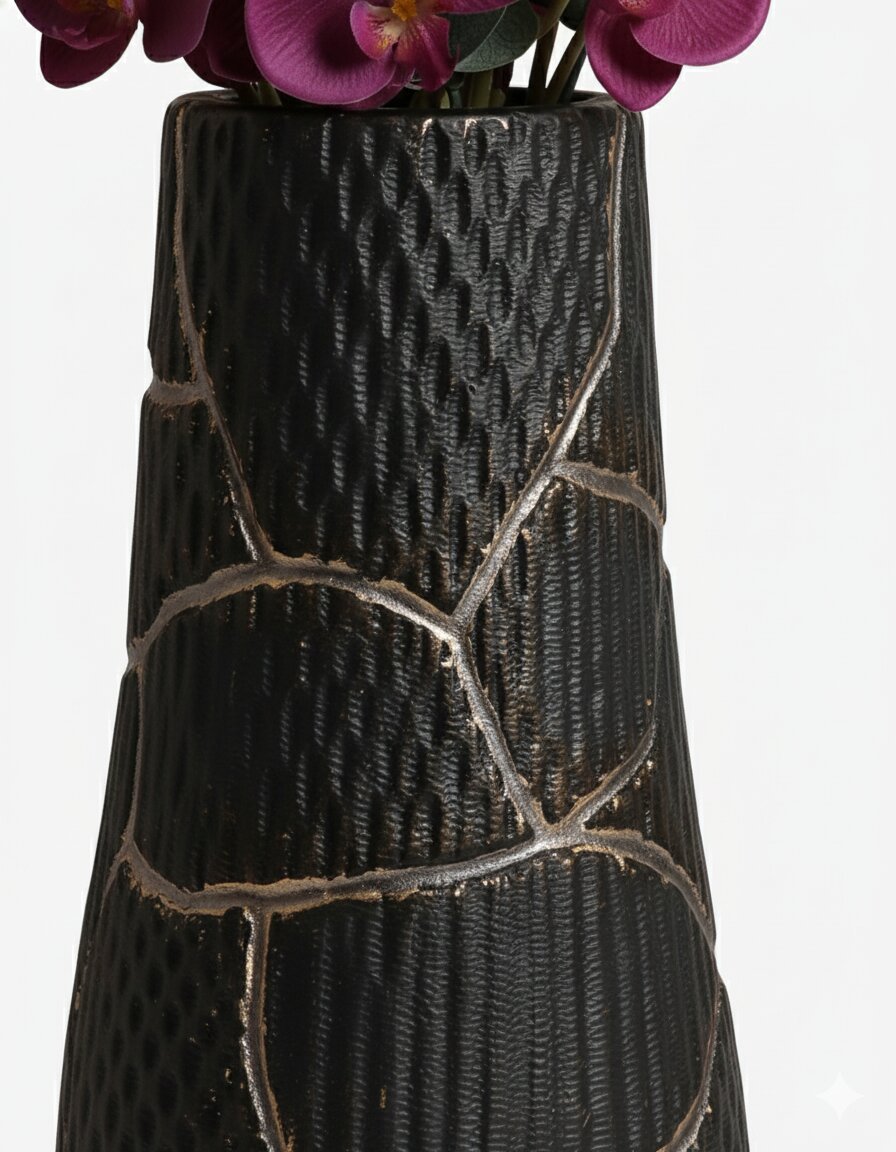 Large Black Vase with Vertical Gold Thread Detailing - Image 4