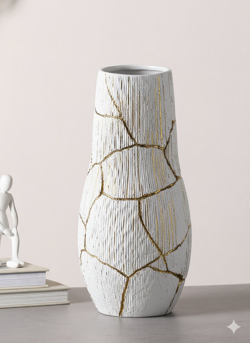 Large White Vase with Vertical Gold Thread Detailing - Image 3