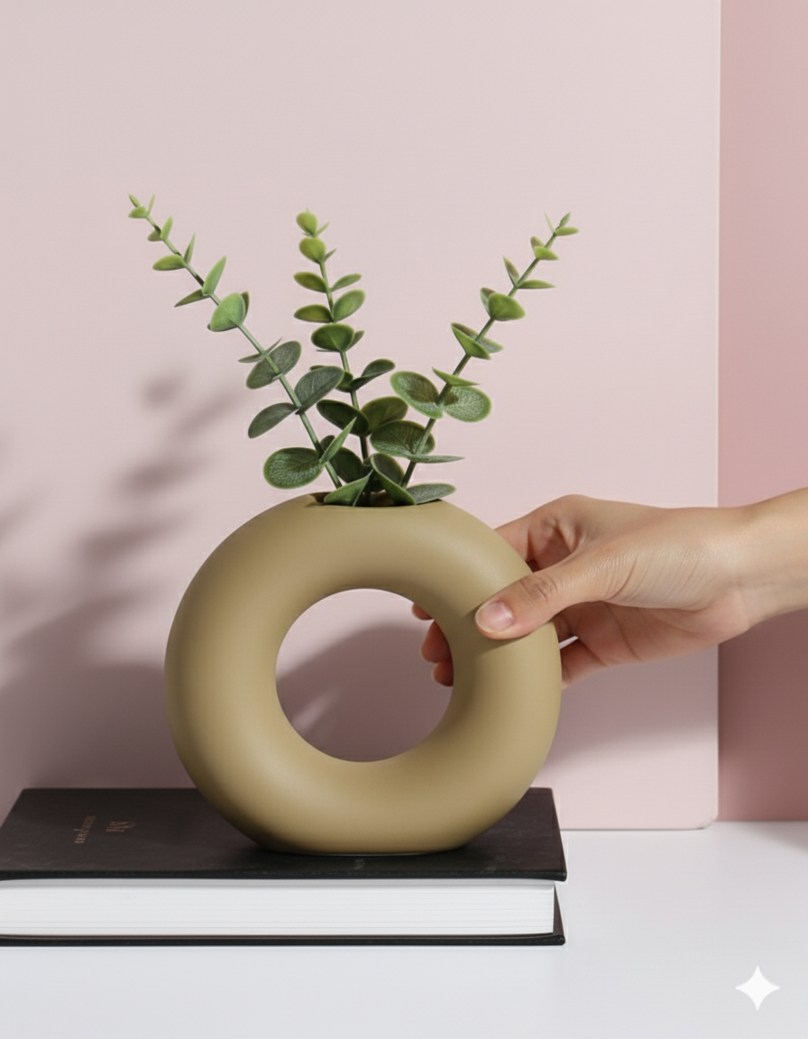 Khaki Plain Donut Embryo Ceramic Vase - Image 2