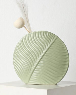 Green Round Leaf Textured Ceramic Vase