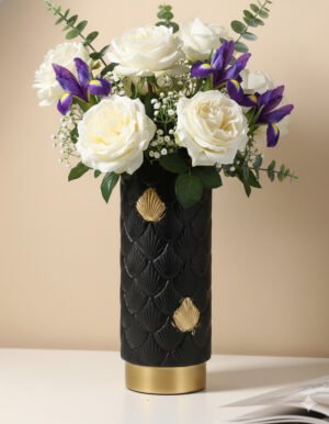 Large Black Vase with Golden Leaf Pattern
