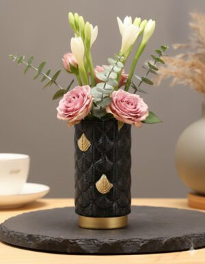 Small Black Vase with Golden Leaf Pattern