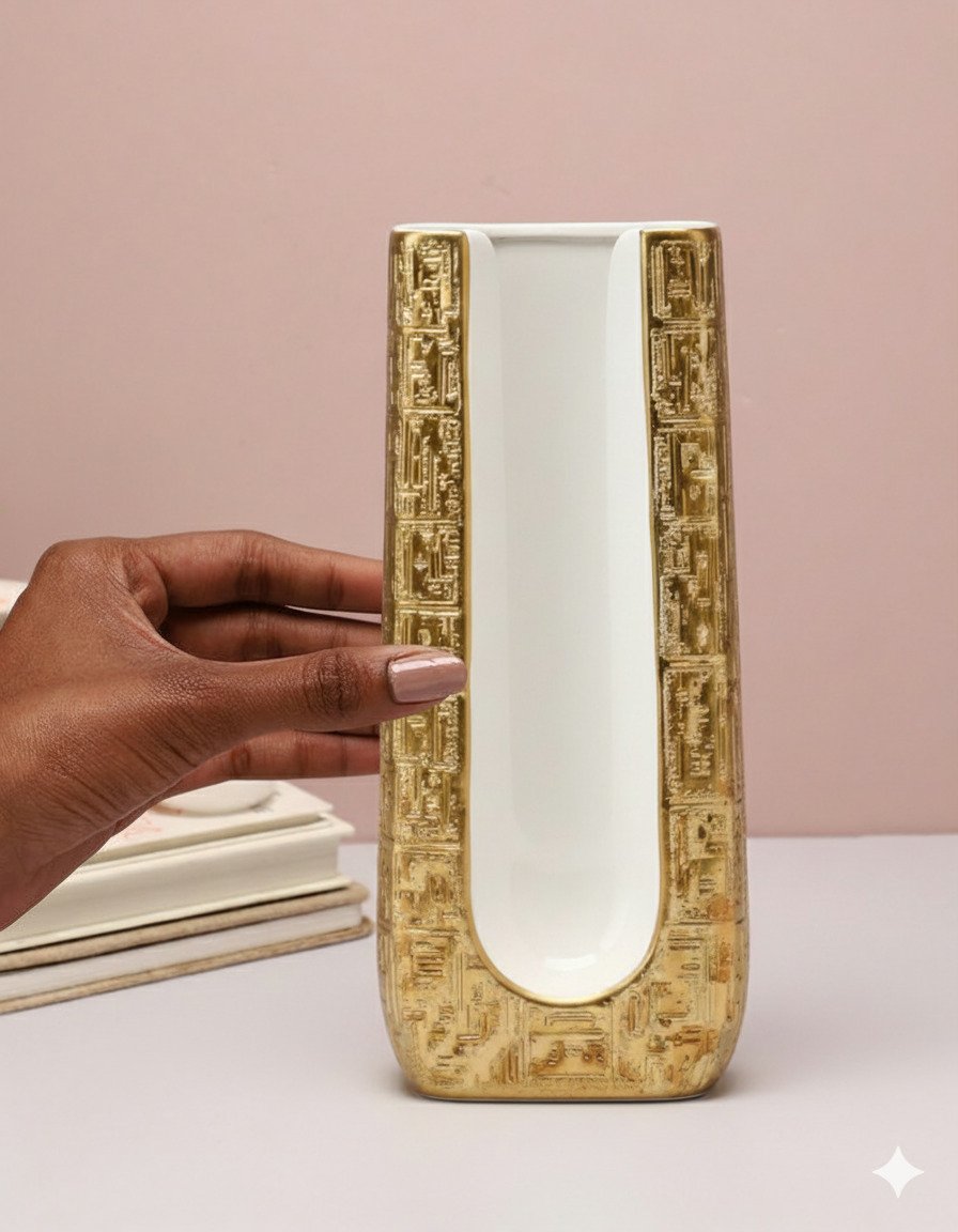 Large Golden Square White Background Vase - Image 2