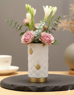 Small White Vase with Golden Leaf Pattern