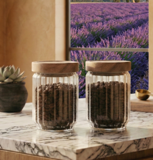 Set of 2 Glass Canisters with Acacia Wood Lids (340ML Each).