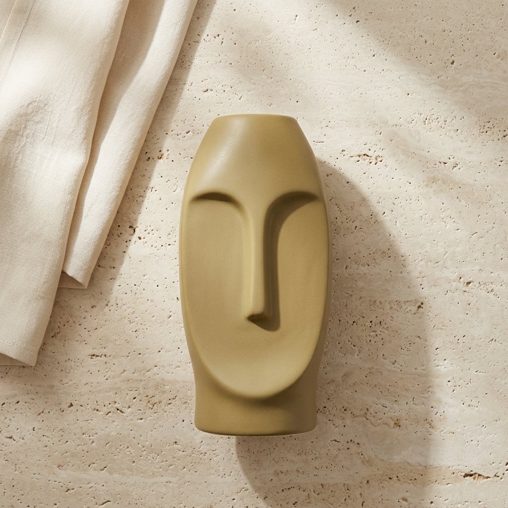 Khaki Solid Face Shaped Ceramic Vase | Artistic Modern Decorative Accent - Image 4