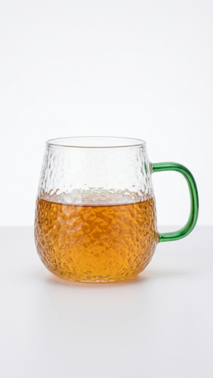 Artisan Hammered Glass Mug with Green Accent Handle | Premium Textured Drinkware