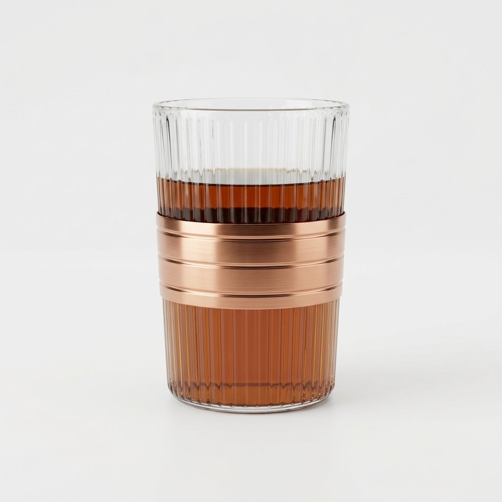Fluted Glass Coffee Tumbler with Copper Accent Band (201–300ML) | Premium Modern Drinkware