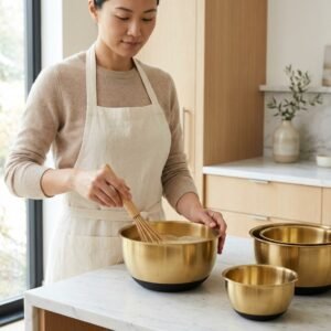 3 Piece Anti-Skid Stainless Steel Bowl Set with Silicone Bottom (Gold/Black) | Non-Slip Kitchen Mixing & Serving Bowls