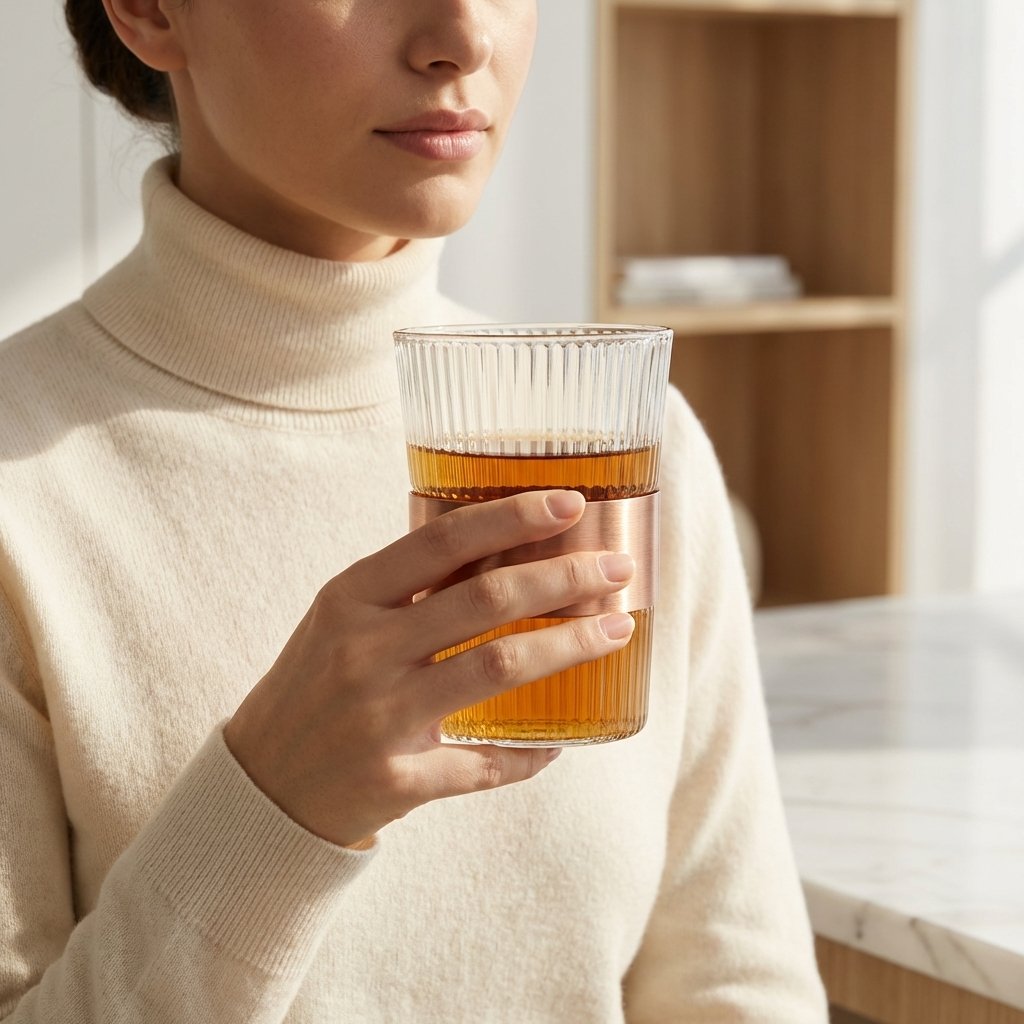 Fluted Glass Coffee Tumbler with Copper Accent Band (201–300ML) | Premium Modern Drinkware - Image 2