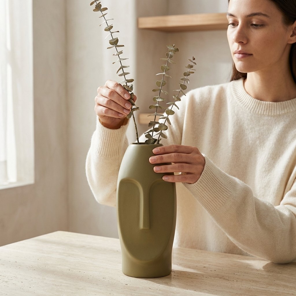 Khaki Solid Face Shaped Ceramic Vase | Artistic Modern Decorative Accent - Image 2