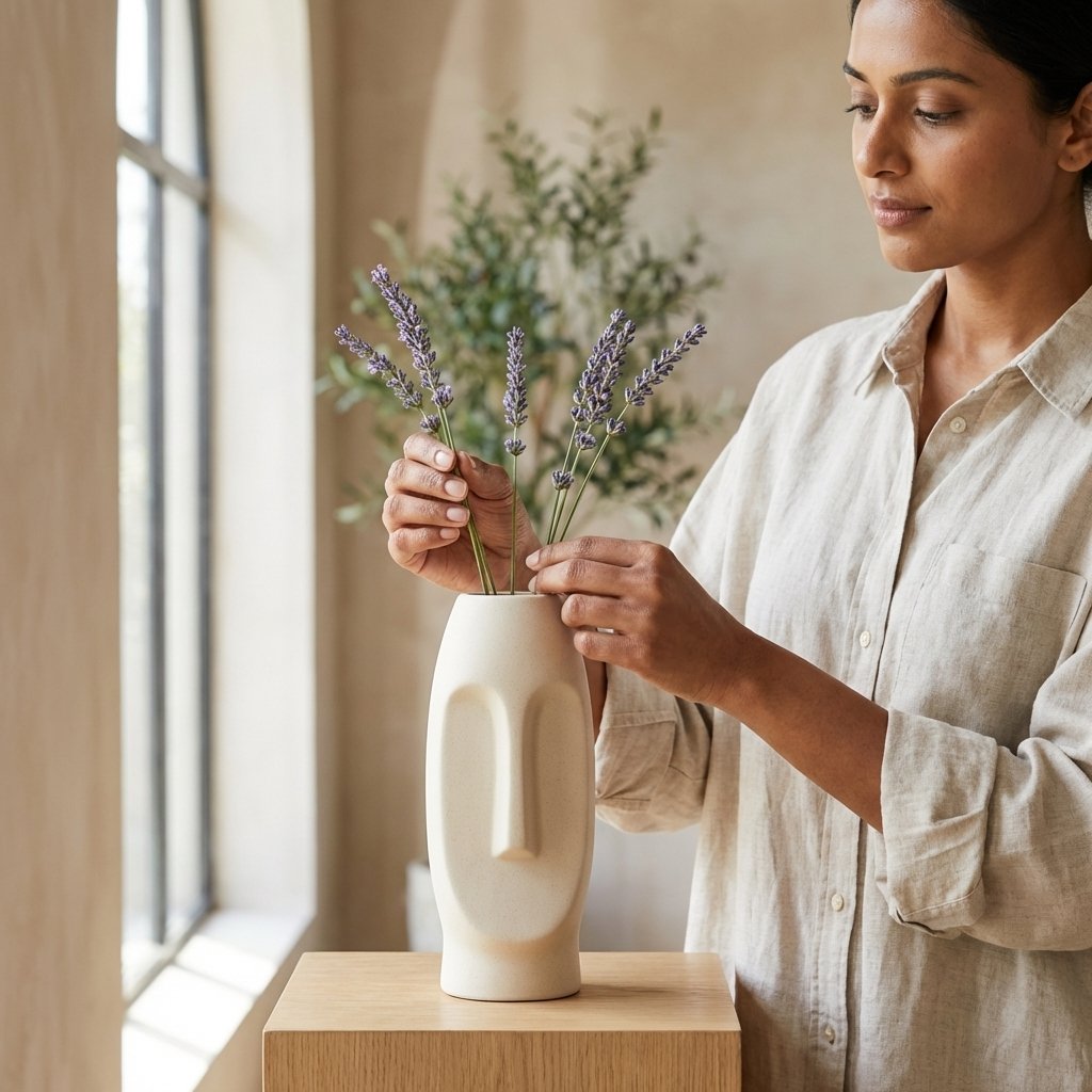 White Solid Face Shaped Ceramic Vase | Minimalist Artistic Home Décor - Image 3