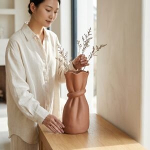 Brown Solid Abstract Ceramic Vase | Modern Sculptural Home Décor