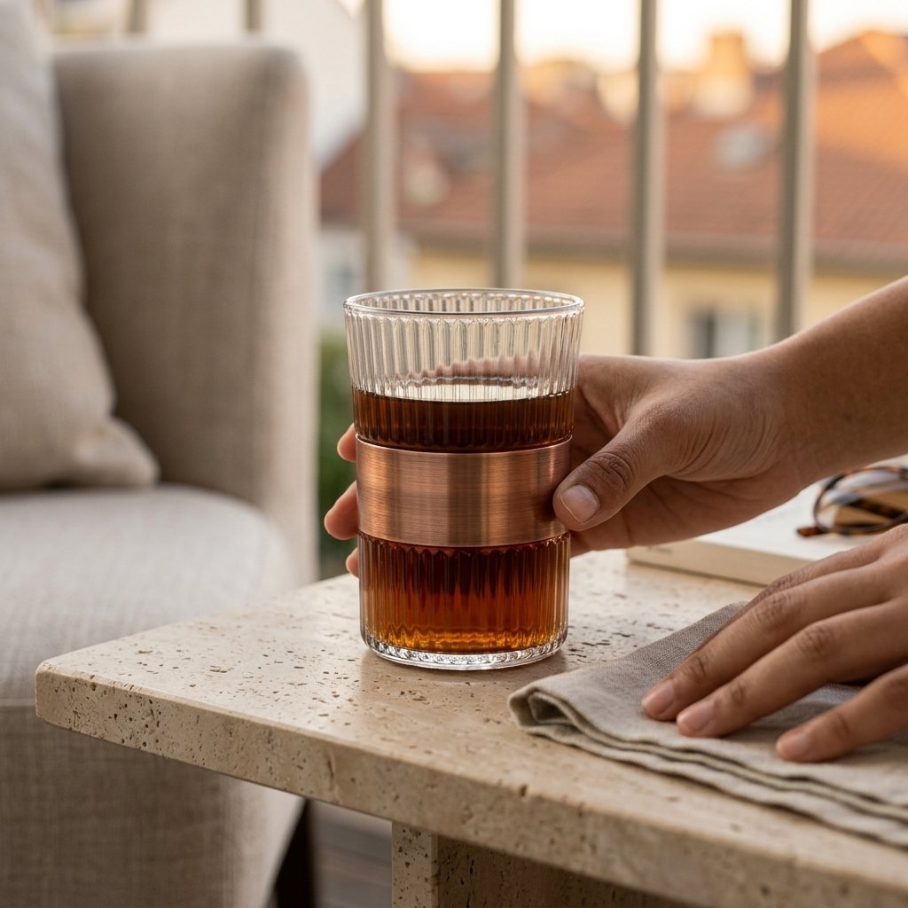 Fluted Glass Coffee Tumbler with Copper Accent Band (201–300ML) | Premium Modern Drinkware - Image 3