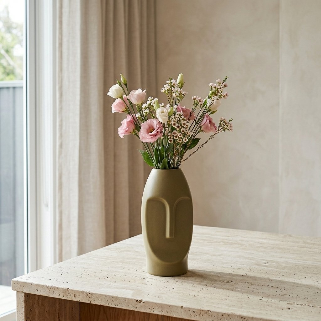 Khaki Solid Face Shaped Ceramic Vase | Artistic Modern Decorative Accent - Image 3