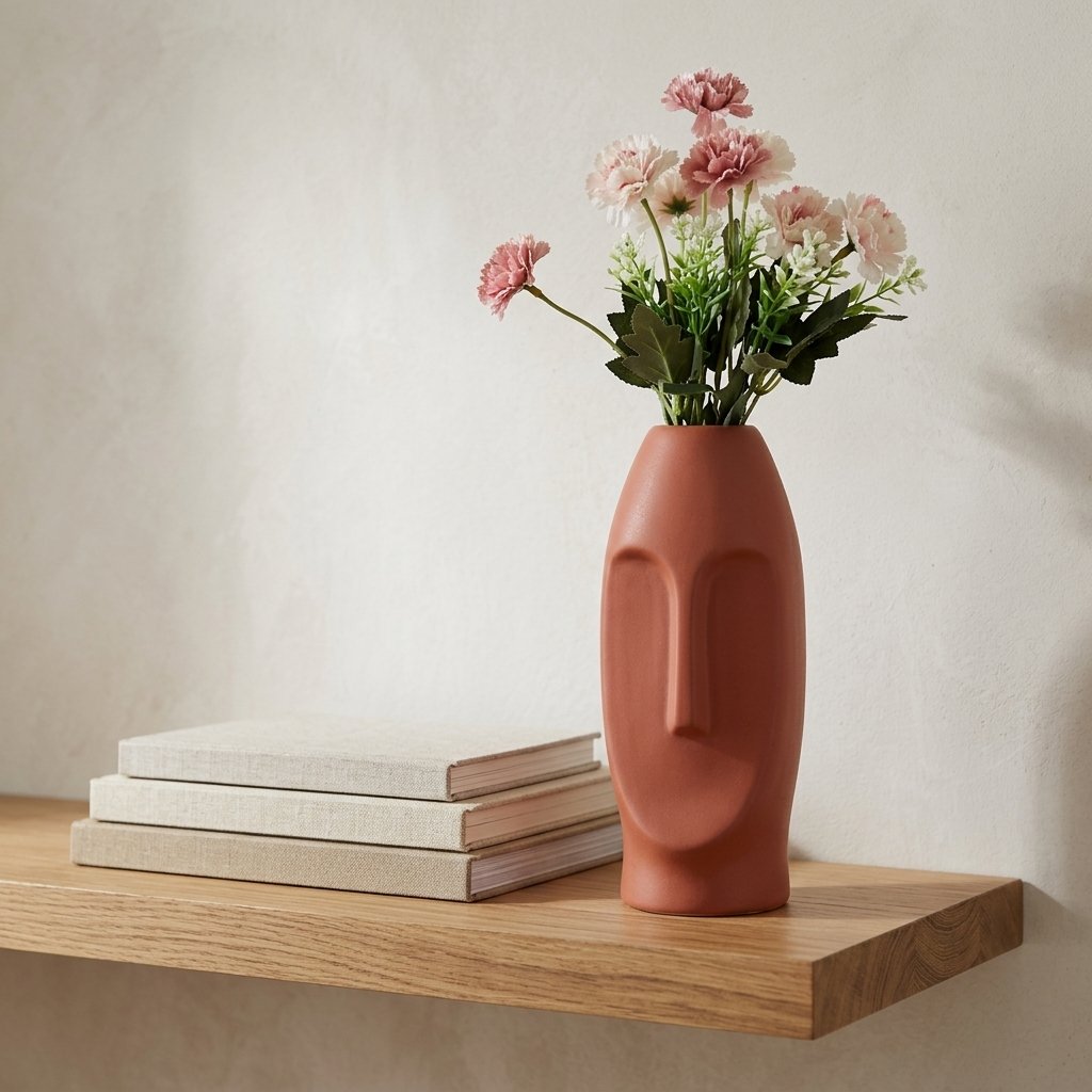 Red Solid Face Shaped Ceramic Vase | Artistic Decorative Home Accent - Image 2