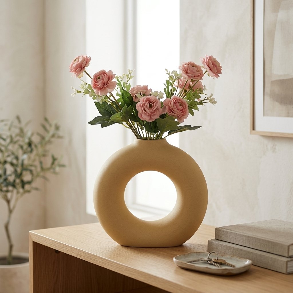 Earth Yellow Sculptural Donut Ceramic Vase | Modern Artistic Home Décor - Image 2