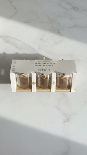 Set of 3 High Borosilicate Glass Containers (350ML) with Stylish Bamboo Lids, Bamboo Spoons & Matching Bamboo Tray.