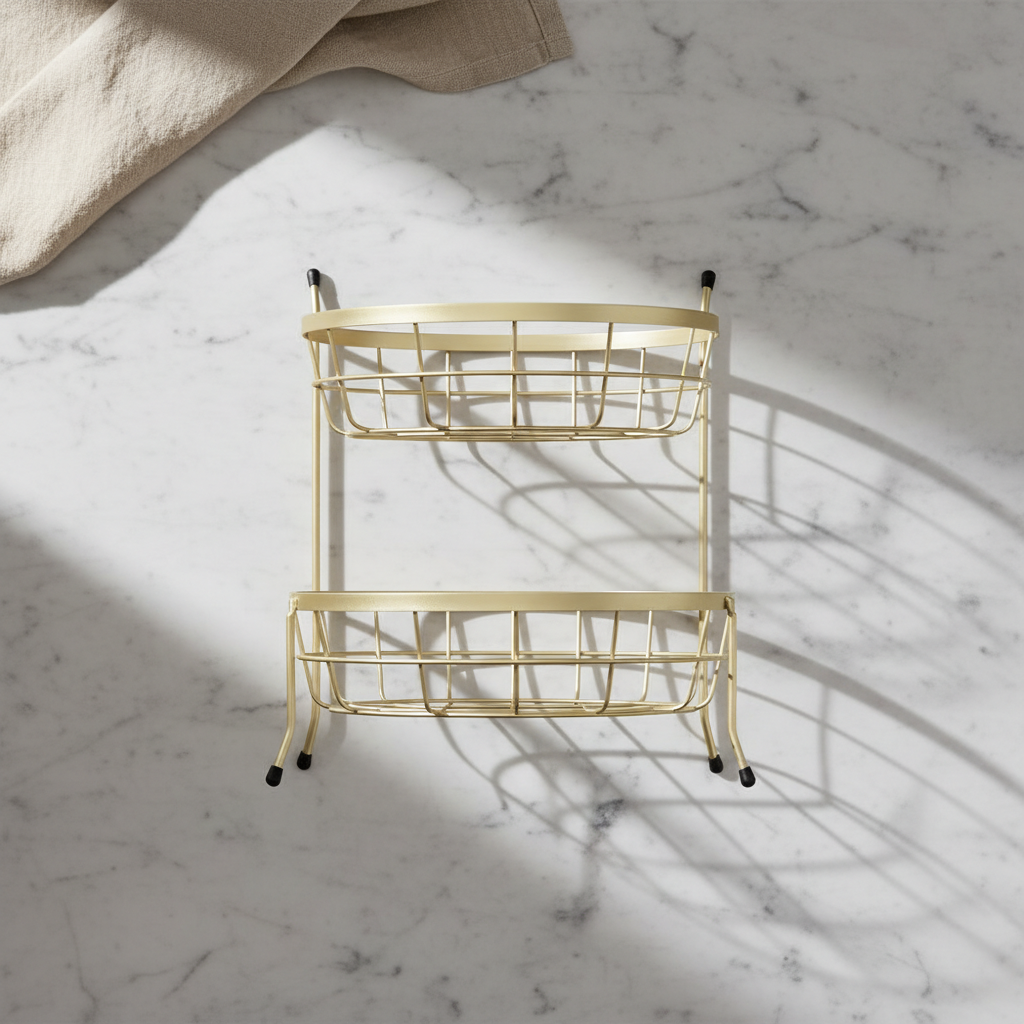 2 Tiered Gold Basket with Wooden Bottom | Elegant Fruit & Snack Storage Stand - Image 4