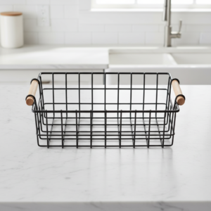 Large Storage Basket with Wooden Bottom & Wooden Handles | Multi-Purpose Kitchen & Home Organizer