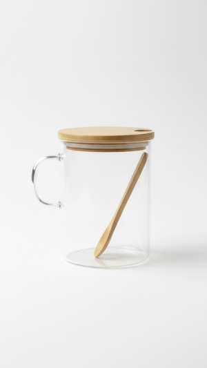 Set of 2 High Borosilicate Glass Containers (350ML) with Stylish Bamboo Lid & Bamboo Spoon.