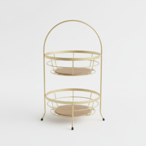 2 Tiered Gold Basket with Wooden Bottom | Elegant Fruit & Snack Storage Stand