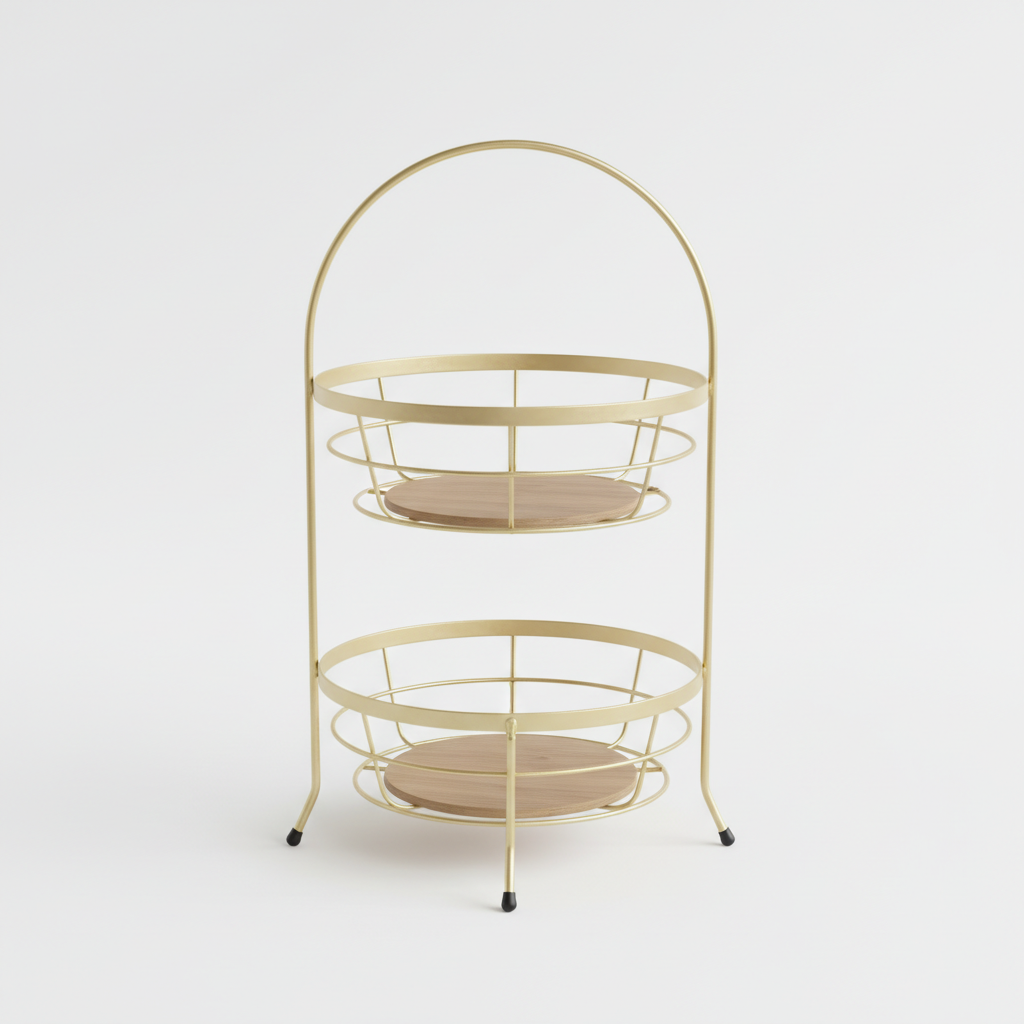 2 Tiered Gold Basket with Wooden Bottom | Elegant Fruit & Snack Storage Stand