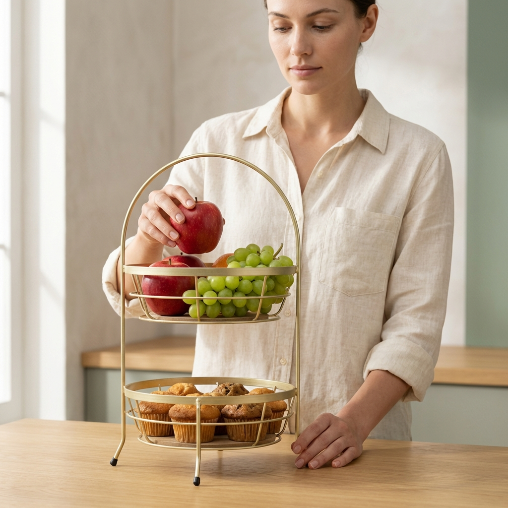 2 Tiered Gold Basket with Wooden Bottom | Elegant Fruit & Snack Storage Stand - Image 2