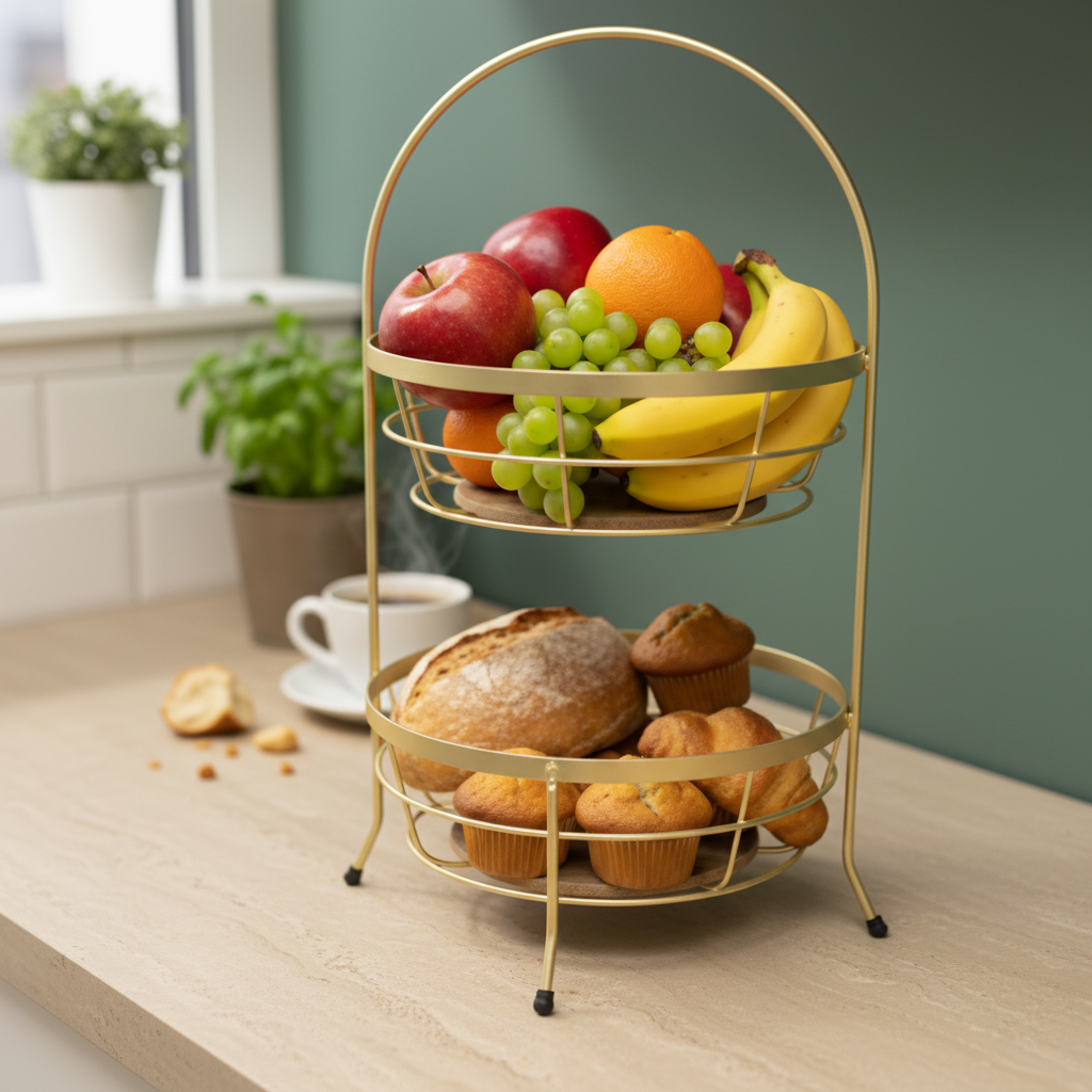 2 Tiered Gold Basket with Wooden Bottom | Elegant Fruit & Snack Storage Stand - Image 3